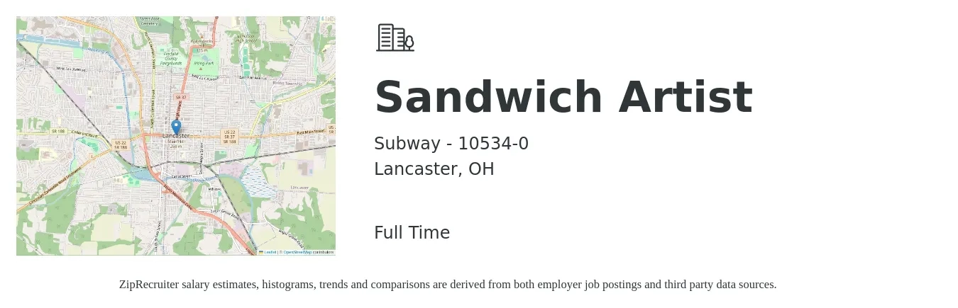 Subway - 10534-0 job posting for a Sandwich Artist in Lancaster, OH with a salary of $10 to $13 Hourly with a map of Lancaster location.