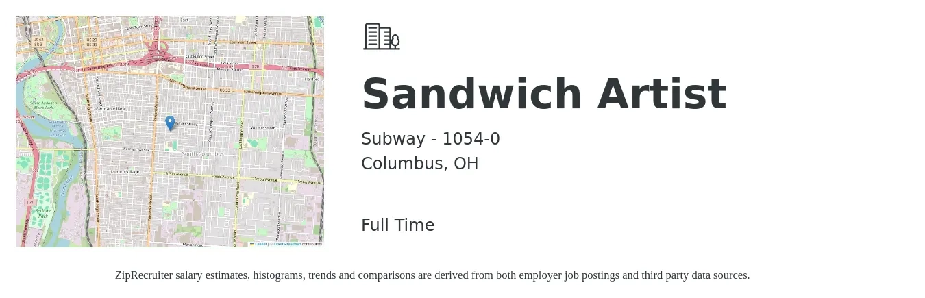 Subway - 1054-0 job posting for a Sandwich Artist in Columbus, OH with a salary of $11 to $14 Hourly with a map of Columbus location.
