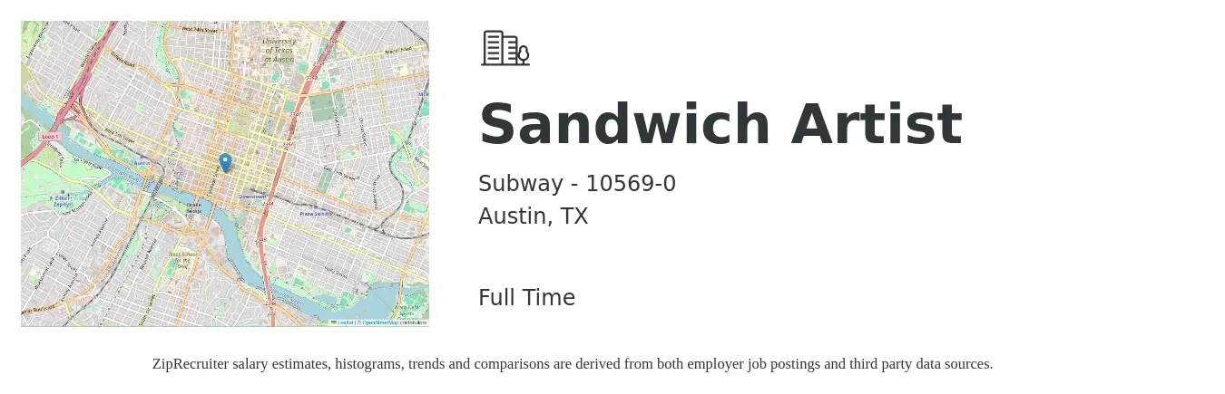 Subway - 10569-0 job posting for a Sandwich Artist in Austin, TX with a salary of $11 to $14 Hourly with a map of Austin location.
