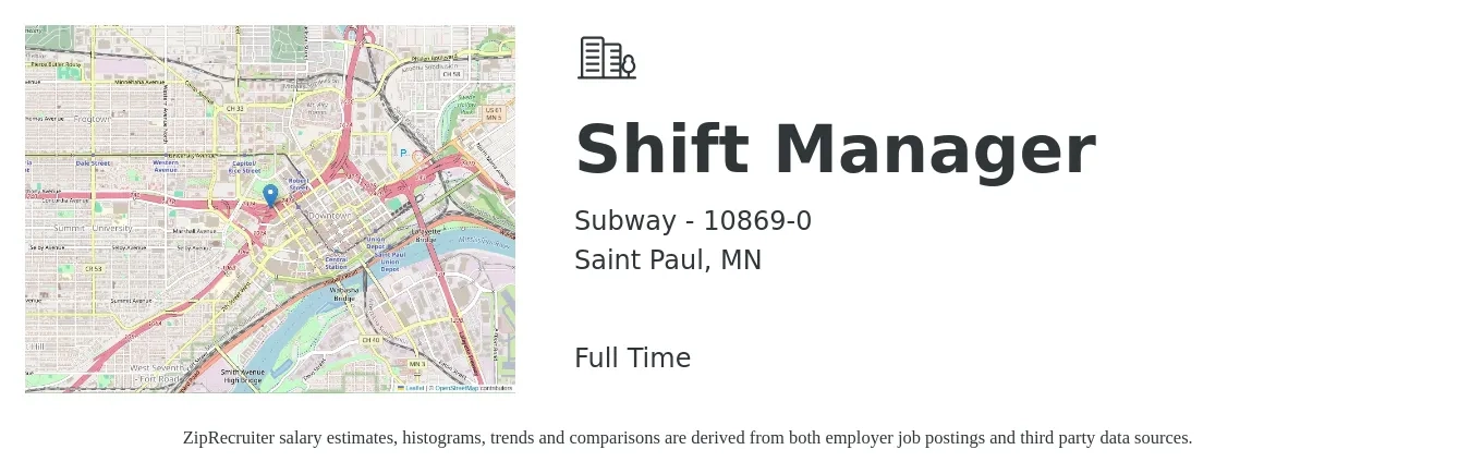 Subway - 10869-0 job posting for a Shift Manager in Saint Paul, MN with a salary of $15 to $19 Hourly with a map of Saint Paul location.