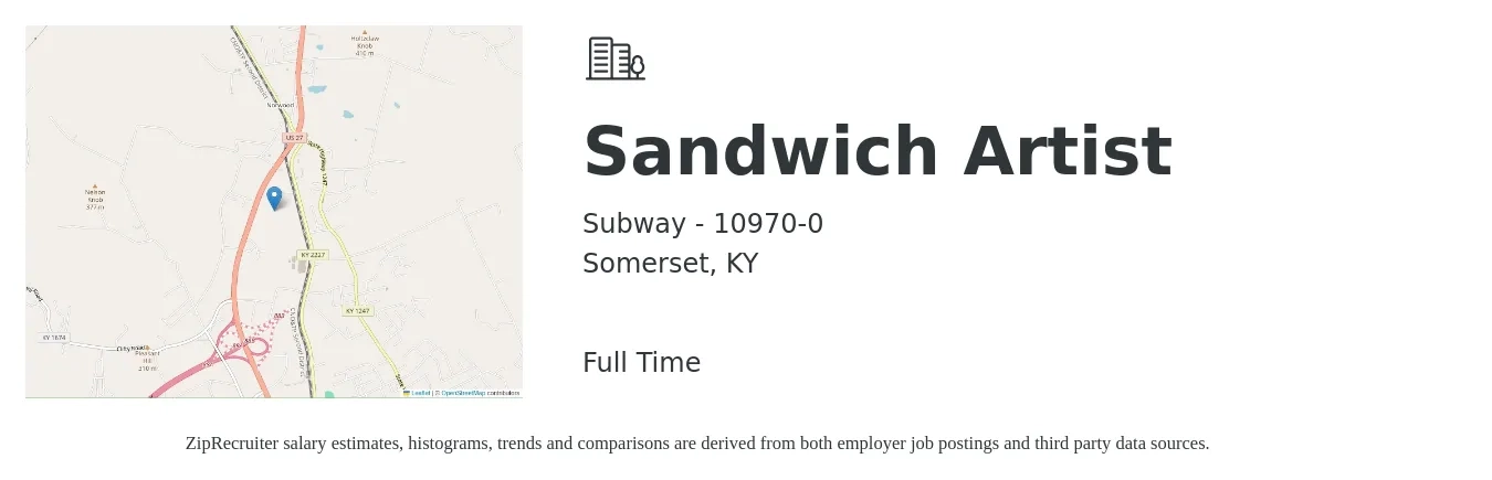 Subway - 10970-0 job posting for a Sandwich Artist in Somerset, KY with a salary of $10 to $12 Hourly with a map of Somerset location.