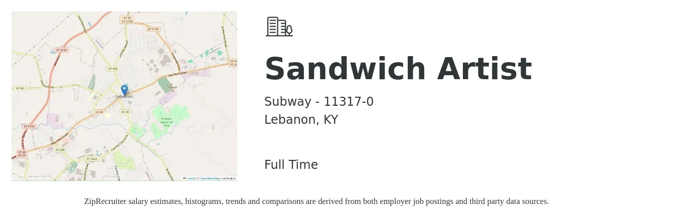 Subway - 11317-0 job posting for a Sandwich Artist in Lebanon, KY with a salary of $10 to $12 Hourly with a map of Lebanon location.