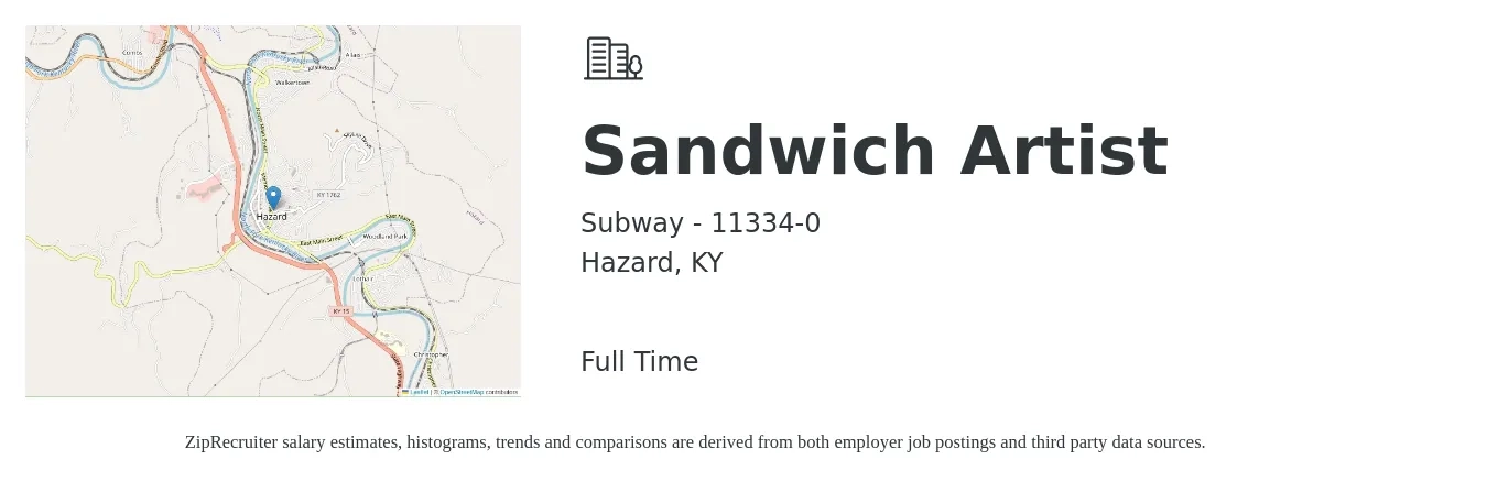 Subway - 11334-0 job posting for a Sandwich Artist in Hazard, KY with a salary of $12 to $15 Hourly with a map of Hazard location.