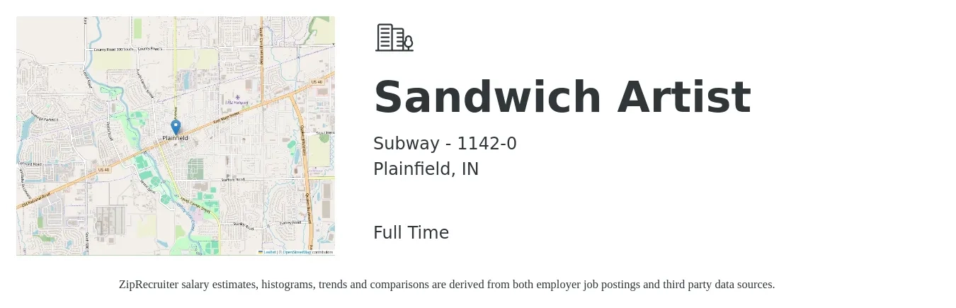 Subway - 1142-0 job posting for a Sandwich Artist in Plainfield, IN with a salary of $11 to $14 Hourly with a map of Plainfield location.
