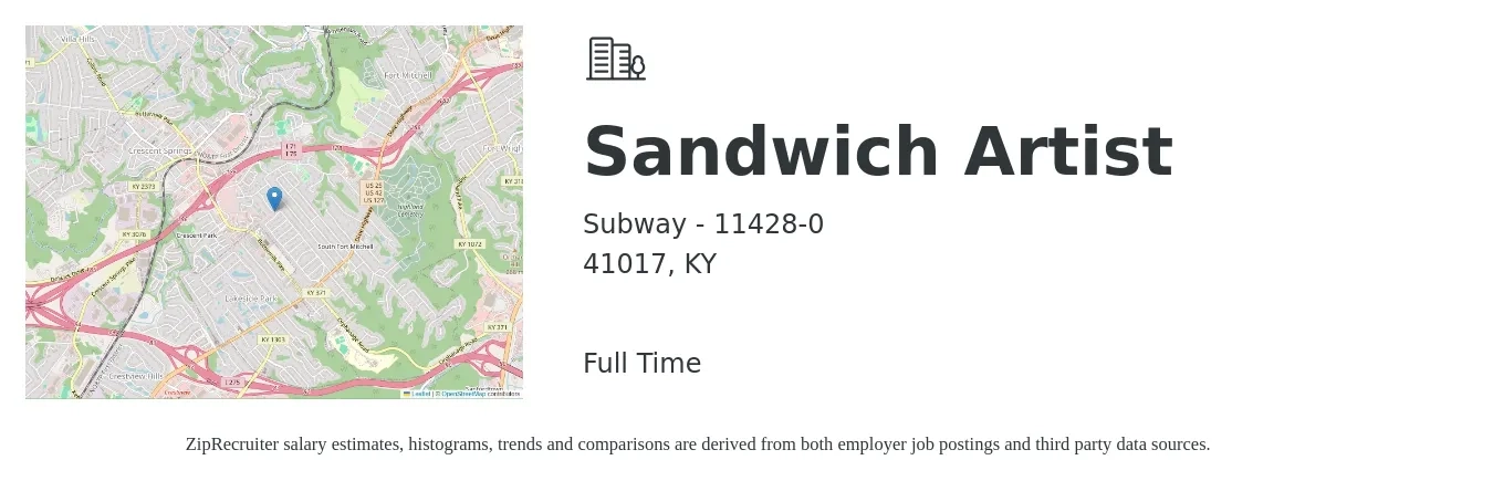Subway - 11428-0 job posting for a Sandwich Artist in 41017, KY with a salary of $11 to $13 Hourly with a map of 41017 location.