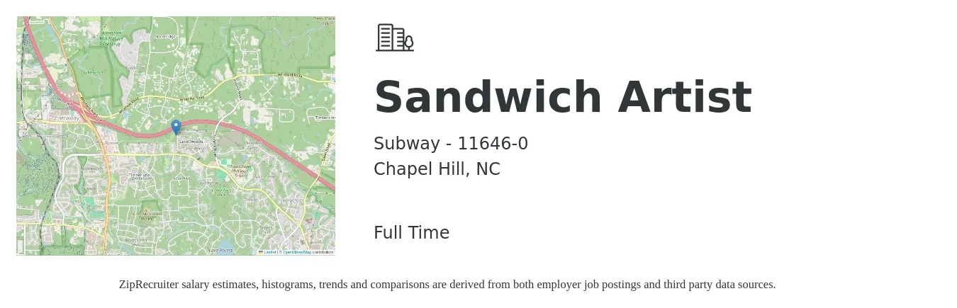 Subway - 11646-0 job posting for a Sandwich Artist in Chapel Hill, NC with a salary of $9 to $12 Hourly with a map of Chapel Hill location.
