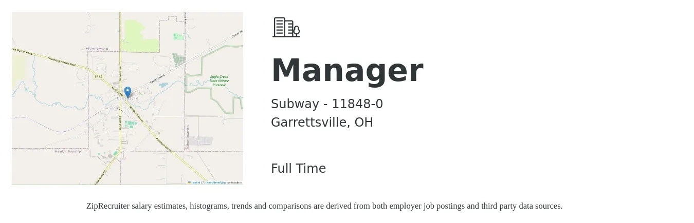 Subway - 11848-0 job posting for a Manager in Garrettsville, OH with a salary of $35,900 to $54,400 Yearly with a map of Garrettsville location.