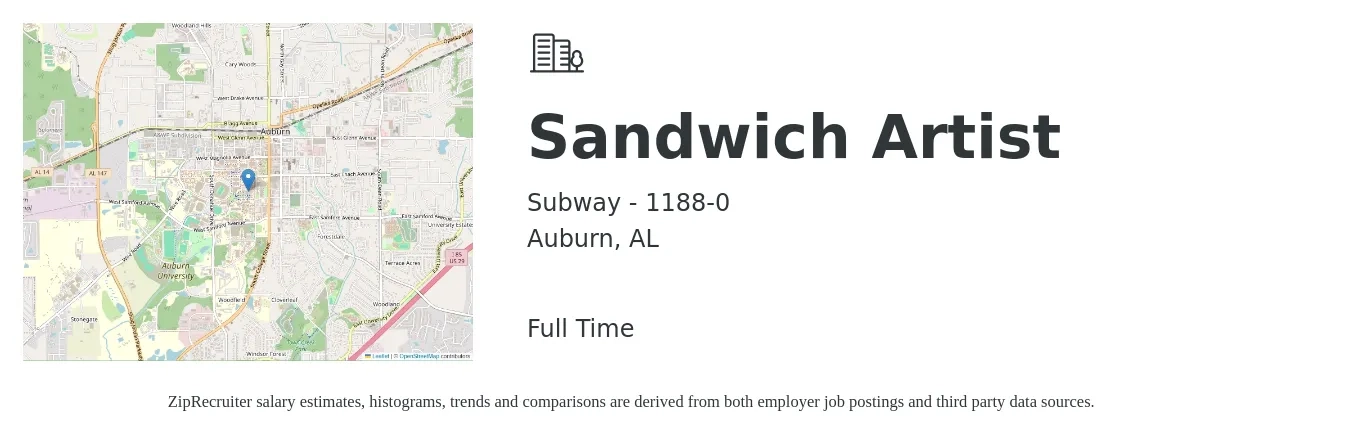 Subway - 1188-0 job posting for a Sandwich Artist in Auburn, AL with a salary of $10 to $12 Hourly with a map of Auburn location.