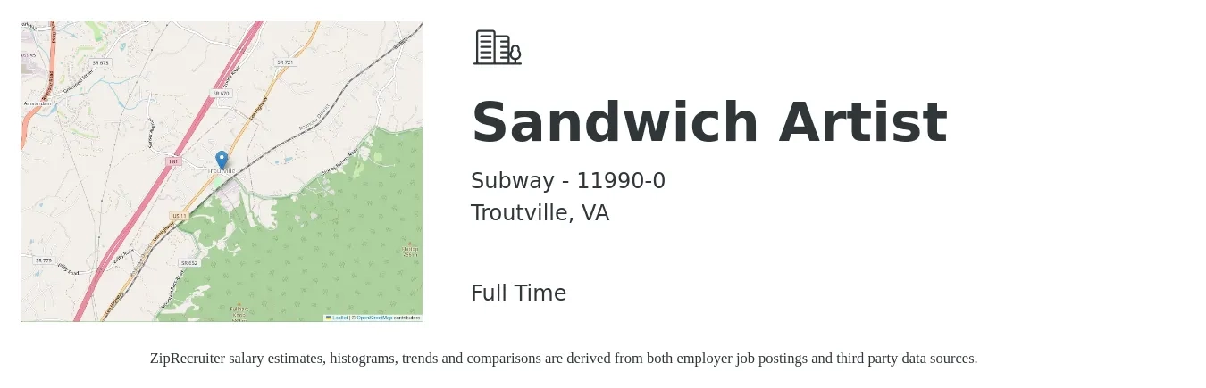 Subway - 11990-0 job posting for a Sandwich Artist in Troutville, VA with a salary of $10 to $12 Hourly with a map of Troutville location.