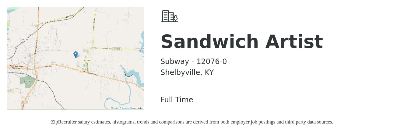 Subway - 12076-0 job posting for a Sandwich Artist in Shelbyville, KY with a salary of $10 to $13 Hourly with a map of Shelbyville location.