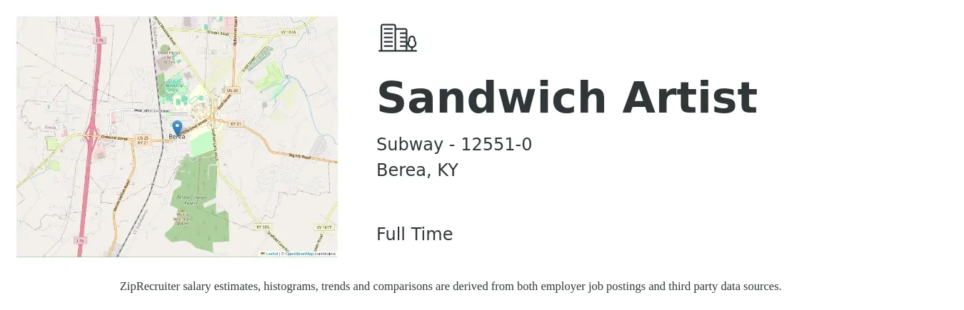 Subway - 12551-0 job posting for a Sandwich Artist in Berea, KY with a salary of $10 to $12 Hourly with a map of Berea location.
