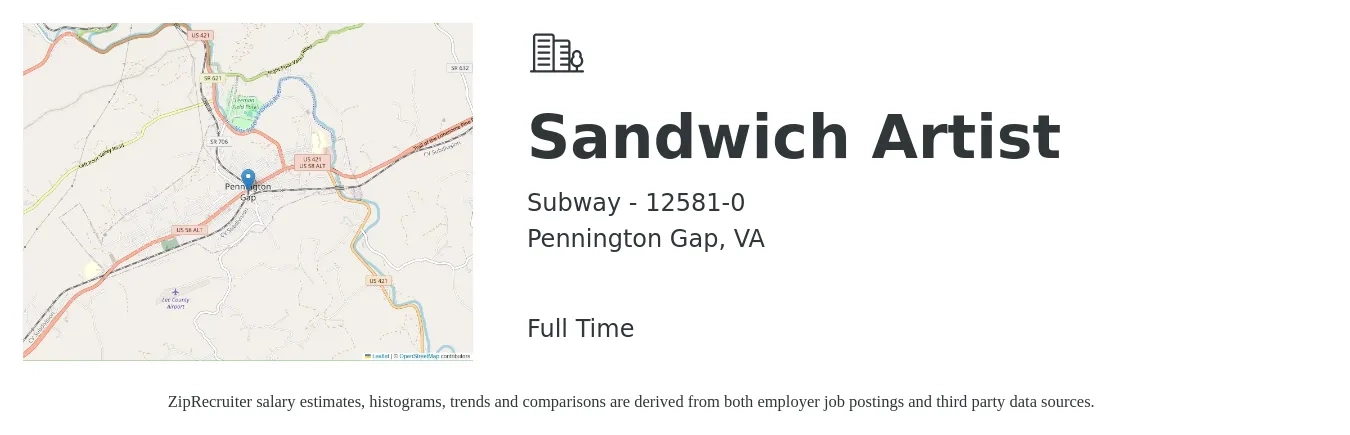 Subway - 12581-0 job posting for a Sandwich Artist in Pennington Gap, VA with a salary of $10 to $13 Hourly with a map of Pennington Gap location.