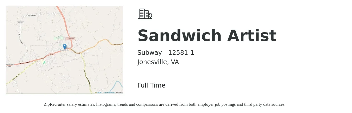 Subway - 12581-1 job posting for a Sandwich Artist in Jonesville, VA with a salary of $11 to $14 Hourly with a map of Jonesville location.