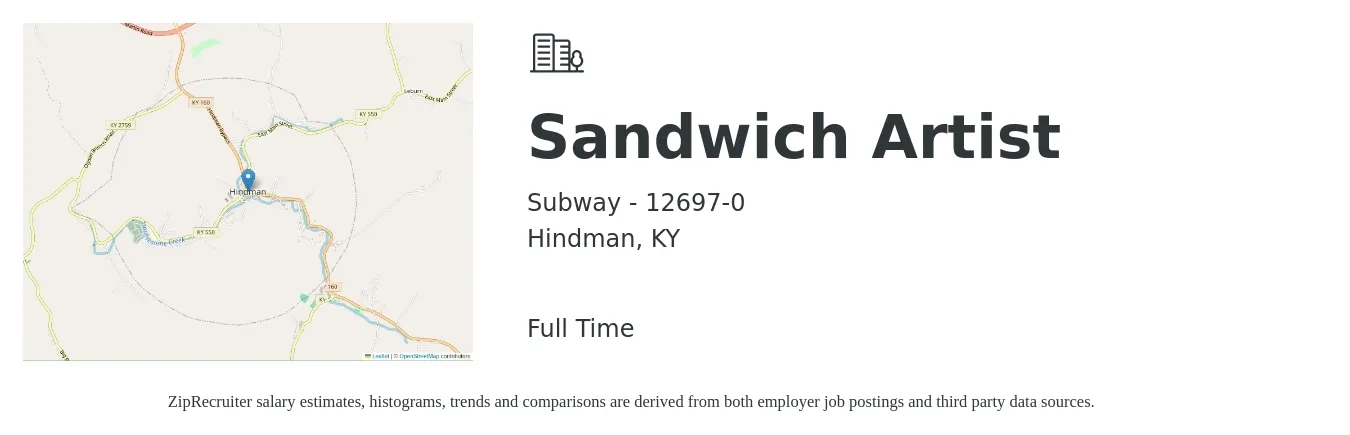 Subway - 12697-0 job posting for a Sandwich Artist in Hindman, KY with a salary of $10 to $13 Hourly with a map of Hindman location.
