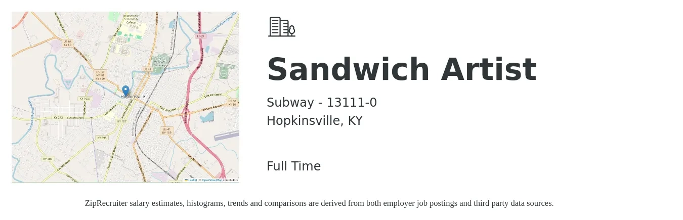Subway - 13111-0 job posting for a Sandwich Artist in Hopkinsville, KY with a salary of $10 to $12 Hourly with a map of Hopkinsville location.