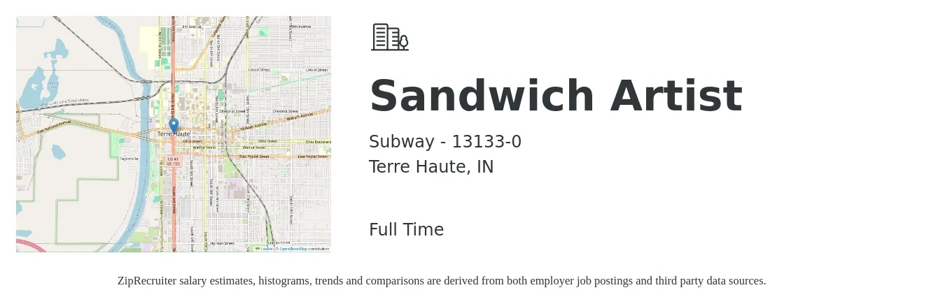 Subway - 13133-0 job posting for a Sandwich Artist in Terre Haute, IN with a salary of $11 to $13 Hourly with a map of Terre Haute location.