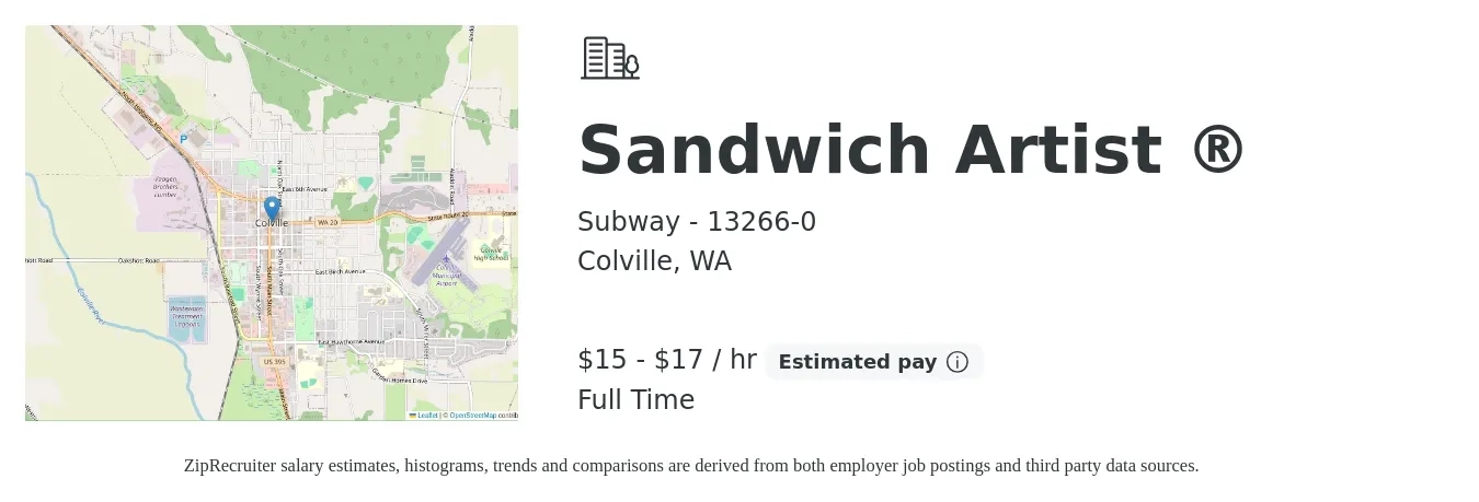 Subway - 13266-0 job posting for a Sandwich Artist ® in Colville, WA with a salary of $16 to $18 Hourly with a map of Colville location.