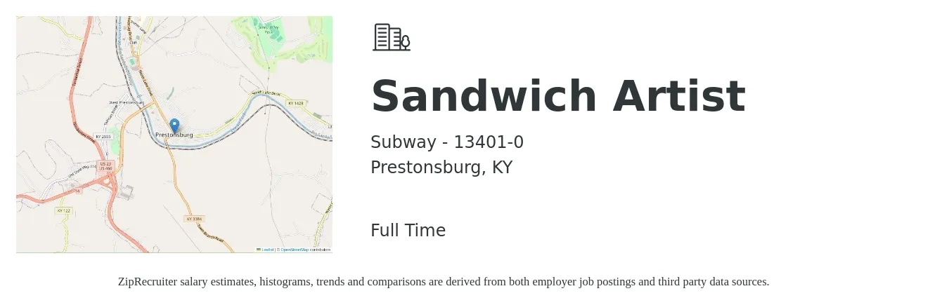 Subway - 13401-0 job posting for a Sandwich Artist in Prestonsburg, KY with a salary of $12 to $15 Hourly with a map of Prestonsburg location.