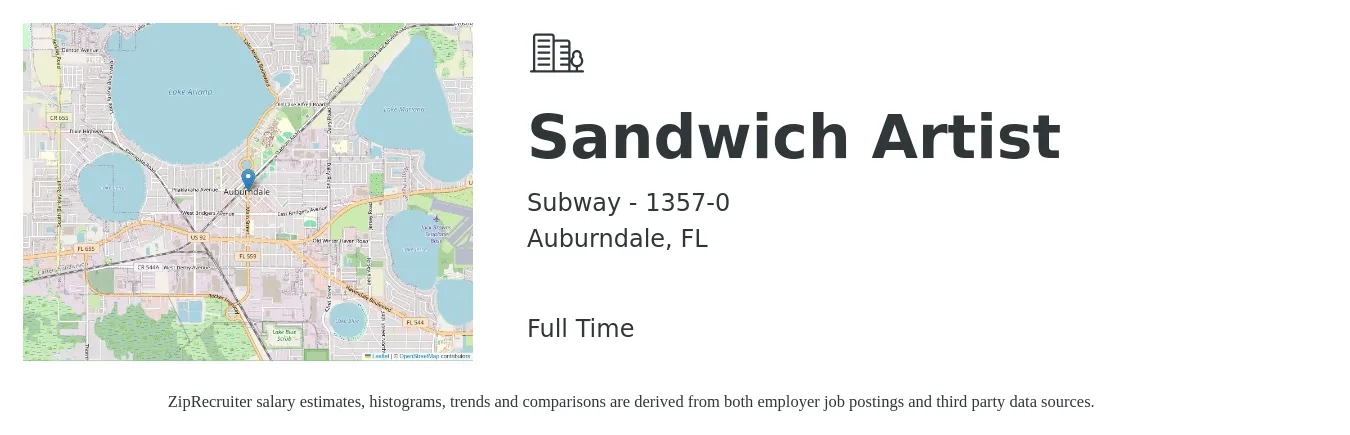 Subway - 1357-0 job posting for a Sandwich Artist in Auburndale, FL with a salary of $10 to $12 Hourly with a map of Auburndale location.