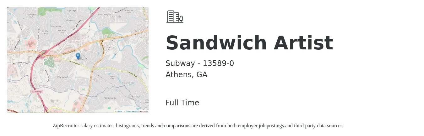 Subway - 13589-0 job posting for a Sandwich Artist in Athens, GA with a salary of $10 to $12 Hourly with a map of Athens location.