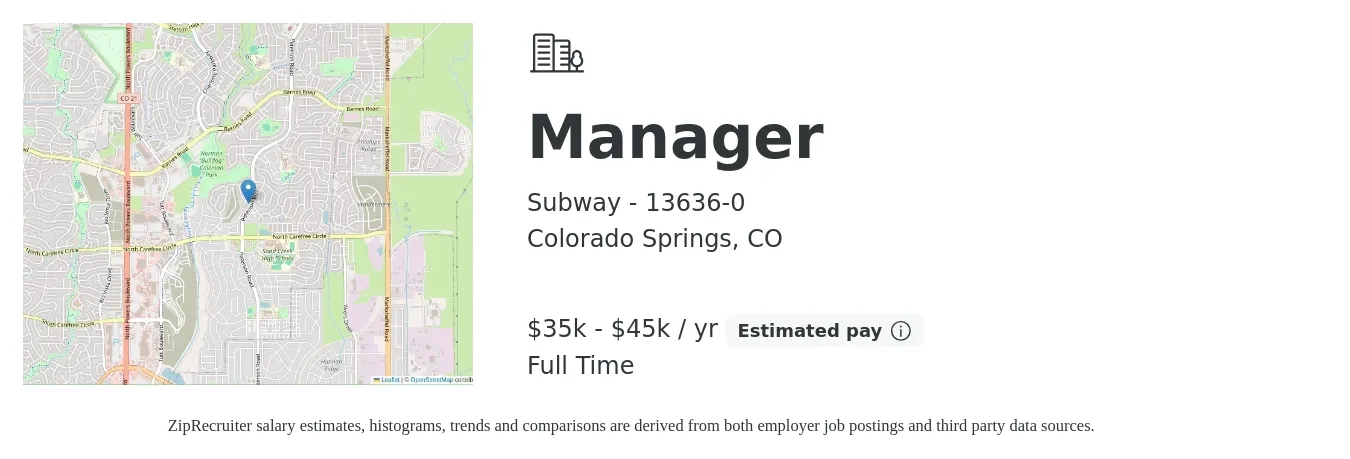 Subway - 13636-0 job posting for a Manager in Colorado Springs, CO with a salary of $35,000 to $45,000 Yearly with a map of Colorado Springs location.