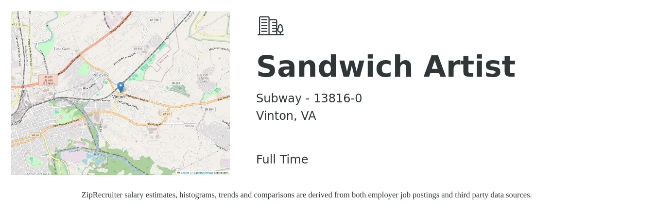 Subway - 13816-0 job posting for a Sandwich Artist in Vinton, VA with a salary of $11 to $14 Hourly with a map of Vinton location.