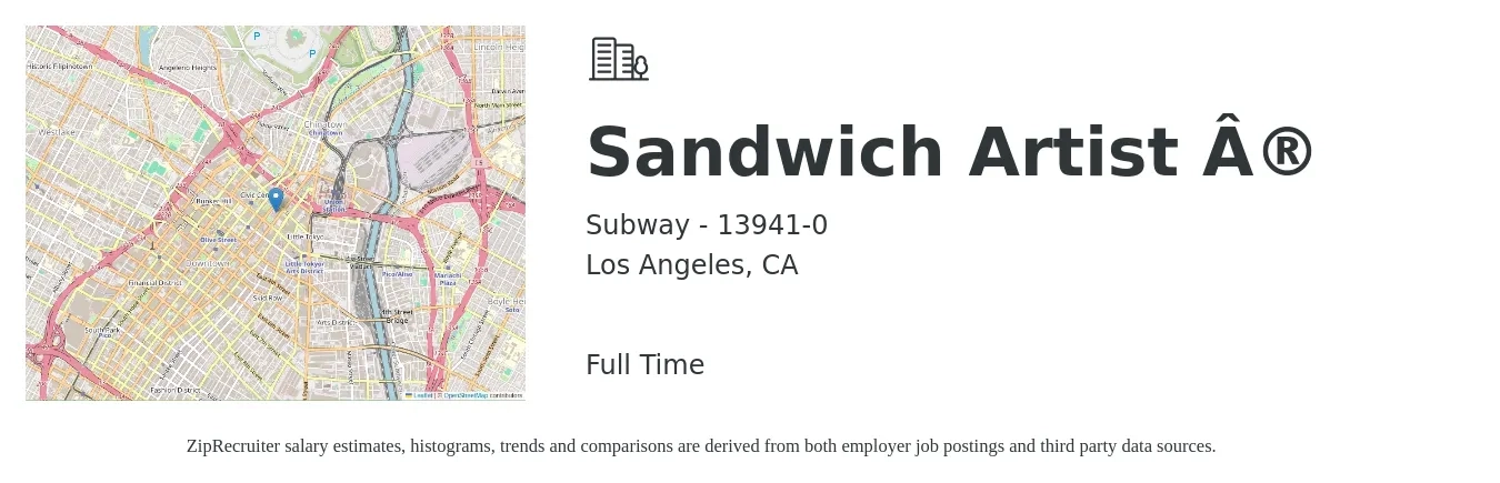 Subway - 13941-0 job posting for a Sandwich Artist ® in Los Angeles, CA with a salary of $12 to $15 Hourly with a map of Los Angeles location.