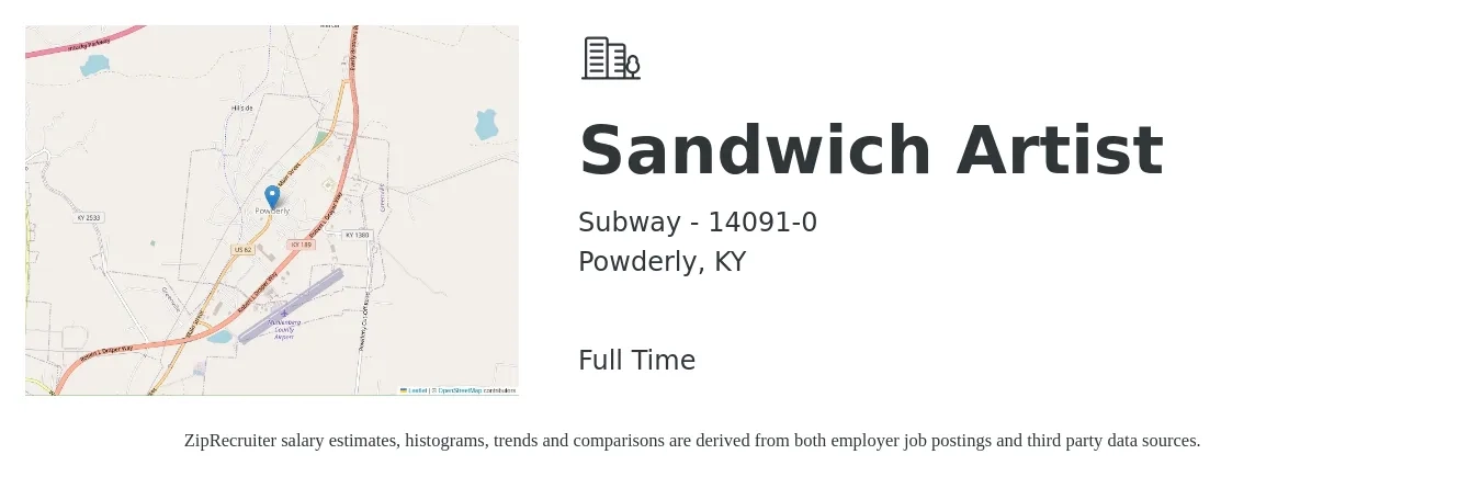 Subway - 14091-0 job posting for a Sandwich Artist in Powderly, KY with a salary of $10 to $12 Hourly with a map of Powderly location.