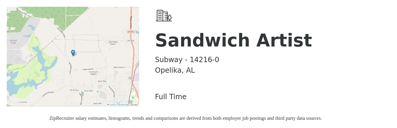 Subway - 14216-0 job posting for a Sandwich Artist in Opelika, AL with a salary of $10 to $12 Hourly with a map of Opelika location.