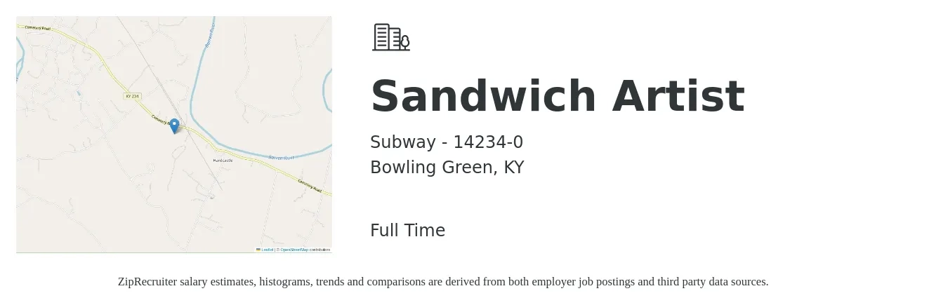 Subway - 14234-0 job posting for a Sandwich Artist in Bowling Green, KY with a salary of $10 to $12 Hourly with a map of Bowling Green location.