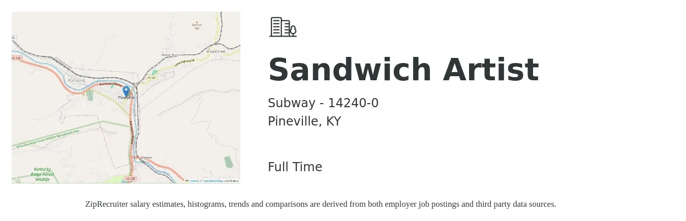 Subway - 14240-0 job posting for a Sandwich Artist in Pineville, KY with a salary of $9 to $12 Hourly with a map of Pineville location.