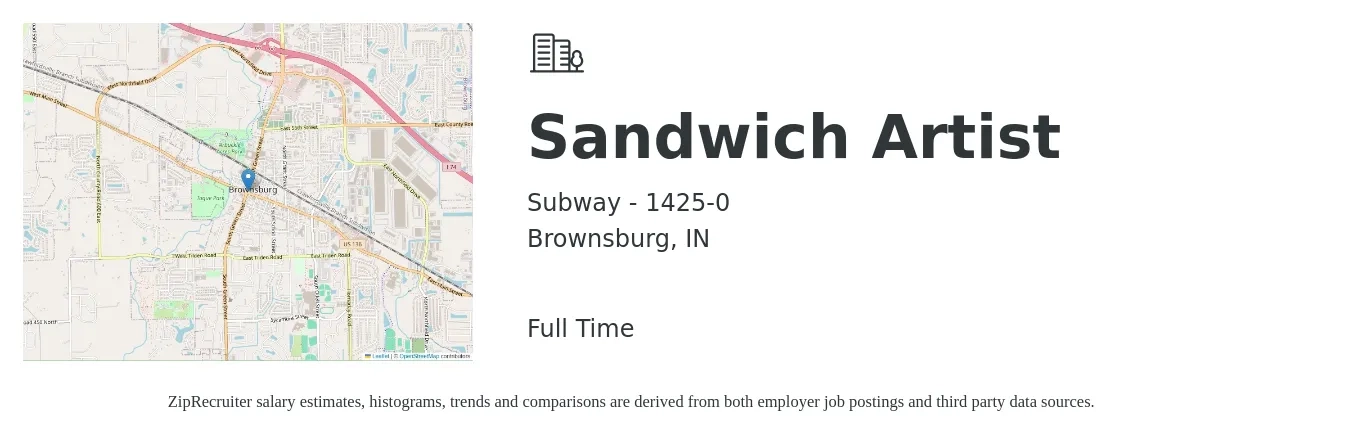 Subway - 1425-0 job posting for a Sandwich Artist in Brownsburg, IN with a salary of $11 to $13 Hourly with a map of Brownsburg location.