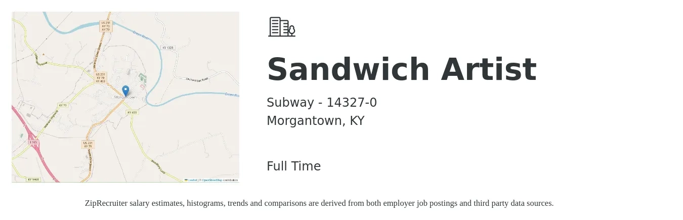Subway - 14327-0 job posting for a Sandwich Artist in Morgantown, KY with a salary of $10 to $13 Hourly with a map of Morgantown location.