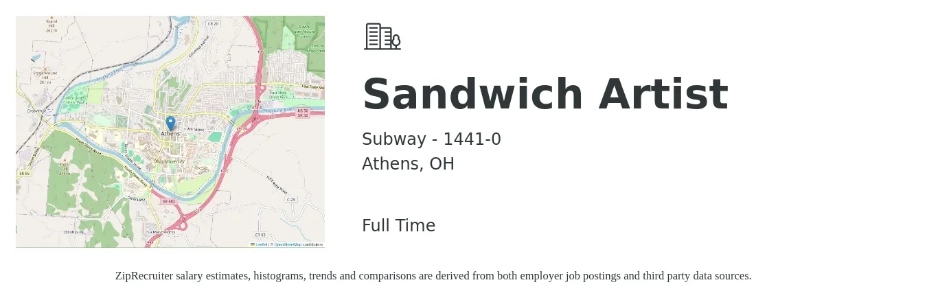 Subway - 1441-0 job posting for a Sandwich Artist in Athens, OH with a salary of $9 to $11 Hourly with a map of Athens location.