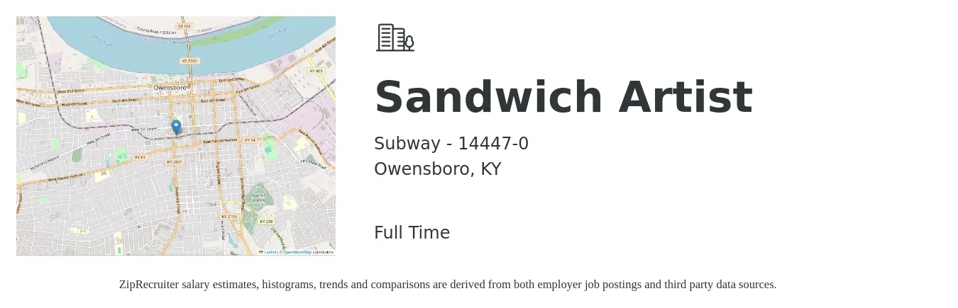 Subway - 14447-0 job posting for a Sandwich Artist in Owensboro, KY with a salary of $11 to $14 Hourly with a map of Owensboro location.