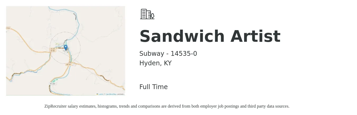 Subway - 14535-0 job posting for a Sandwich Artist in Hyden, KY with a salary of $12 to $14 Hourly with a map of Hyden location.