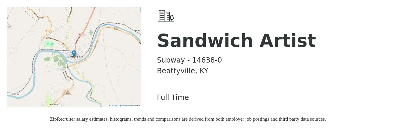 Subway - 14638-0 job posting for a Sandwich Artist in Beattyville, KY with a salary of $9 to $12 Hourly with a map of Beattyville location.