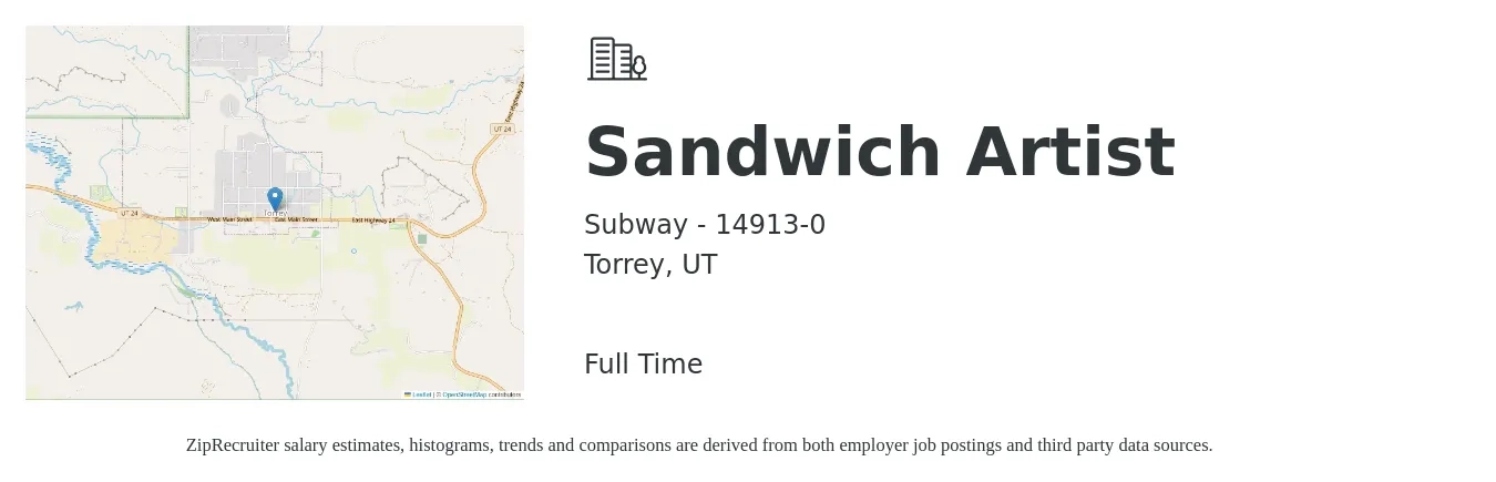 Subway - 14913-0 job posting for a Sandwich Artist in Torrey, UT with a salary of $11 to $14 Hourly with a map of Torrey location.
