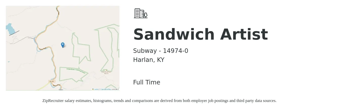 Subway - 14974-0 job posting for a Sandwich Artist in Harlan, KY with a salary of $11 to $14 Hourly with a map of Harlan location.