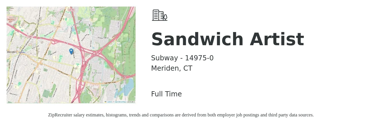 Subway - 14975-0 job posting for a Sandwich Artist in Meriden, CT with a salary of $11 to $14 Hourly with a map of Meriden location.