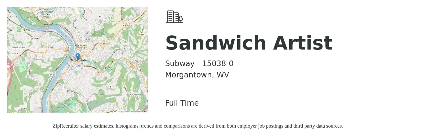 Subway - 15038-0 job posting for a Sandwich Artist in Morgantown, WV with a salary of $12 to $14 Hourly with a map of Morgantown location.