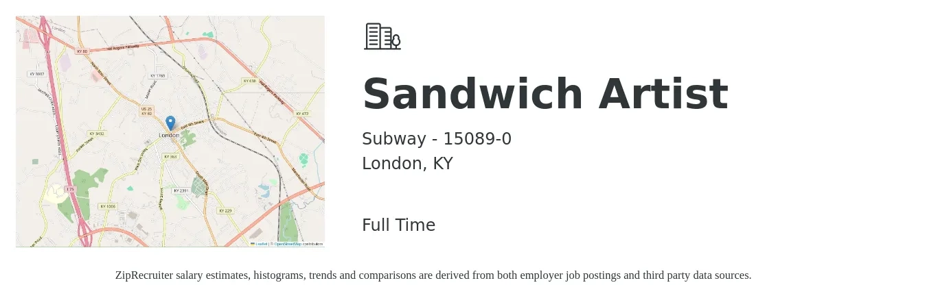 Subway - 15089-0 job posting for a Sandwich Artist in London, KY with a salary of $10 to $12 Hourly with a map of London location.