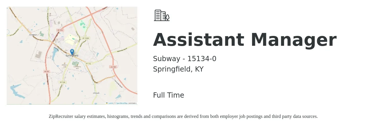 Subway - 15134-0 job posting for a Assistant Manager in Springfield, KY with a salary of $14 to $20 Hourly with a map of Springfield location.