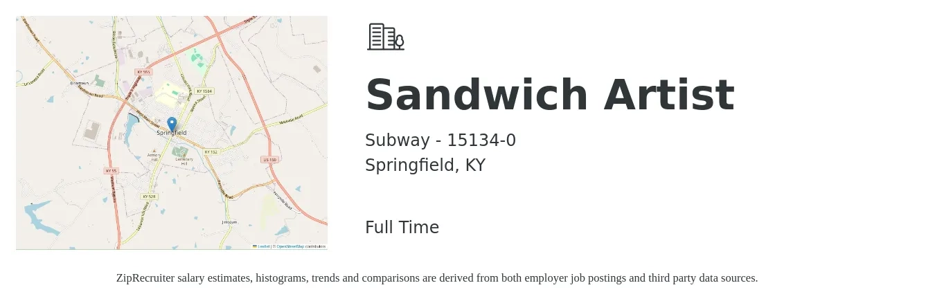 Subway - 15134-0 job posting for a Sandwich Artist in Springfield, KY with a salary of $9 to $12 Hourly with a map of Springfield location.