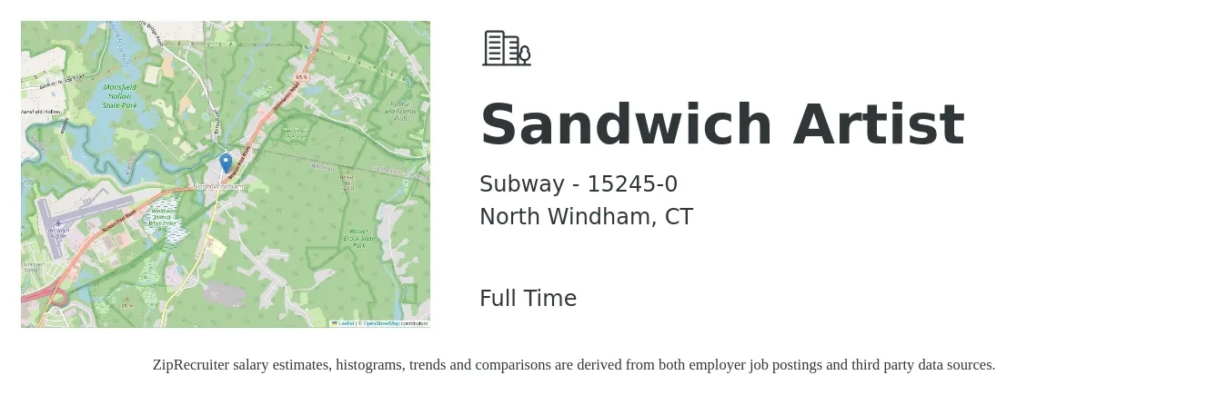 Subway - 15245-0 job posting for a Sandwich Artist in North Windham, CT with a salary of $12 to $14 Hourly with a map of North Windham location.