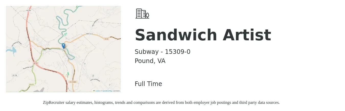 Subway - 15309-0 job posting for a Sandwich Artist in Pound, VA with a salary of $10 to $13 Hourly with a map of Pound location.