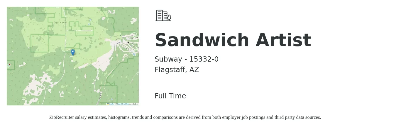 Subway - 15332-0 job posting for a Sandwich Artist in Flagstaff, AZ with a salary of $11 to $14 Hourly with a map of Flagstaff location.