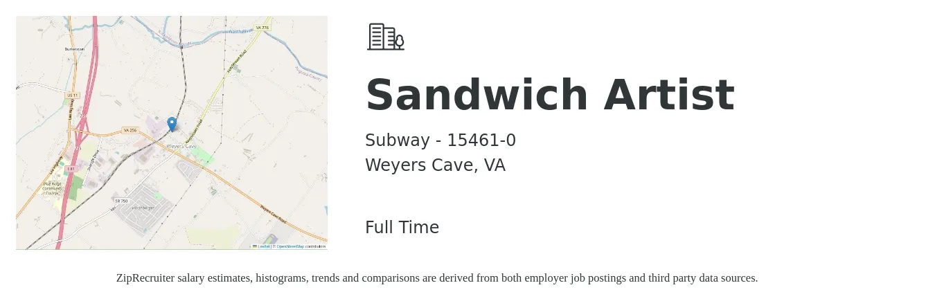 Subway - 15461-0 job posting for a Sandwich Artist in Weyers Cave, VA with a salary of $11 to $14 Hourly with a map of Weyers Cave location.