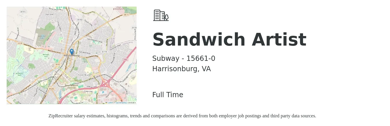 Subway - 15661-0 job posting for a Sandwich Artist in Harrisonburg, VA with a salary of $10 to $13 Hourly with a map of Harrisonburg location.