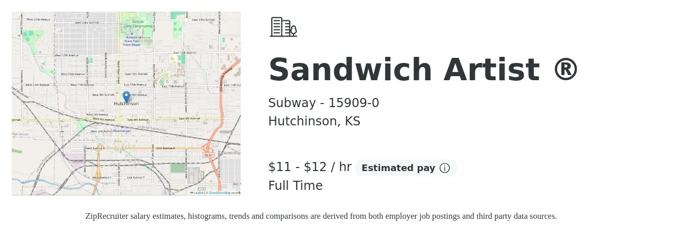 Subway - 15909-0 job posting for a Sandwich Artist ® in Hutchinson, KS with a salary of $12 to $12 Hourly with a map of Hutchinson location.